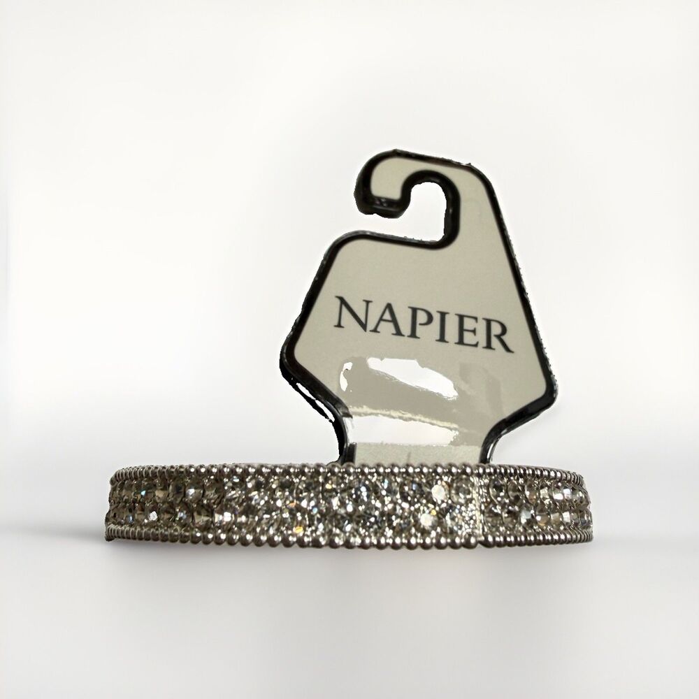 Napier 2 Row Brilliant Shine Rhinestone Silvertone Stretch Bracelet NWT